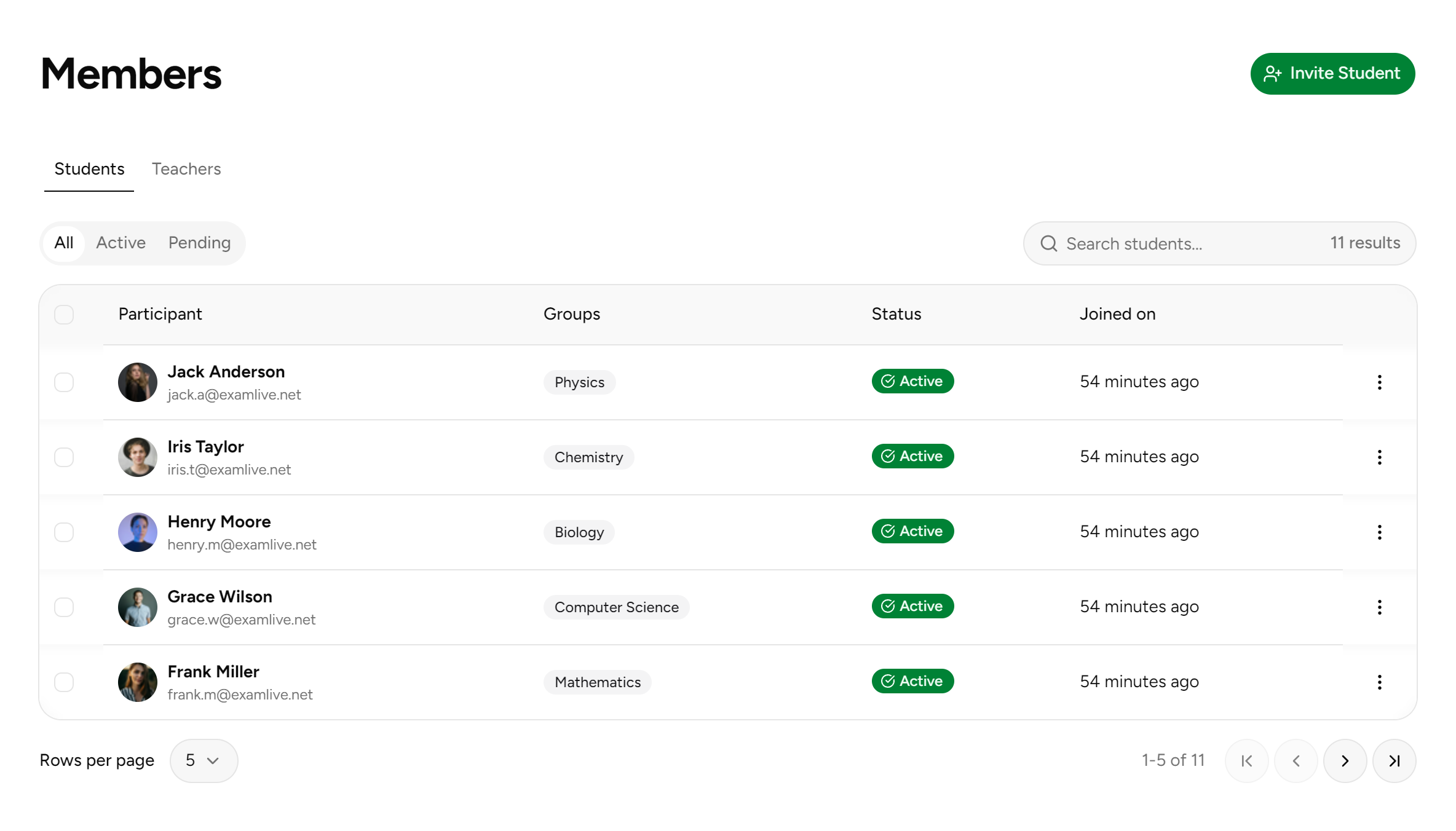 ExamLive members page showing the students list